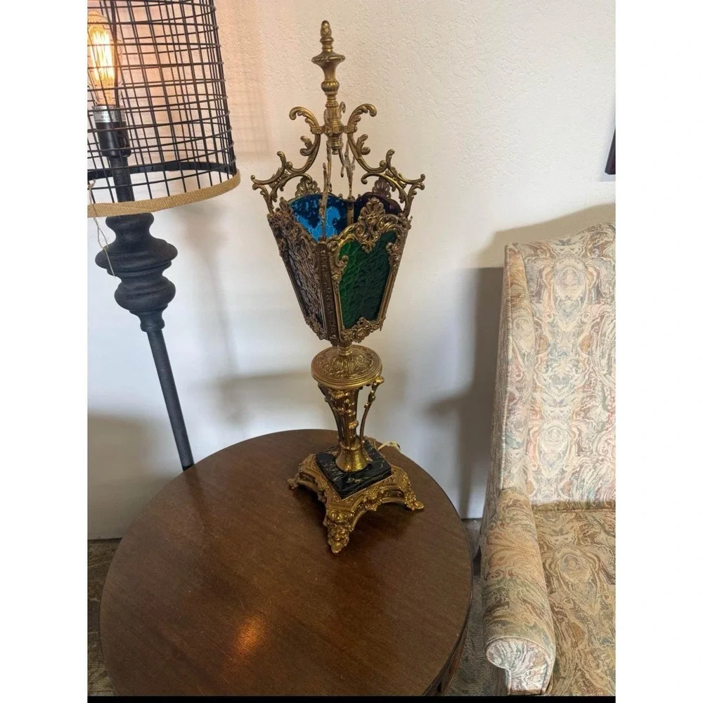 Antique Victorian Gothic Revival Stained Glass Torchiere Lantern Marble Rare